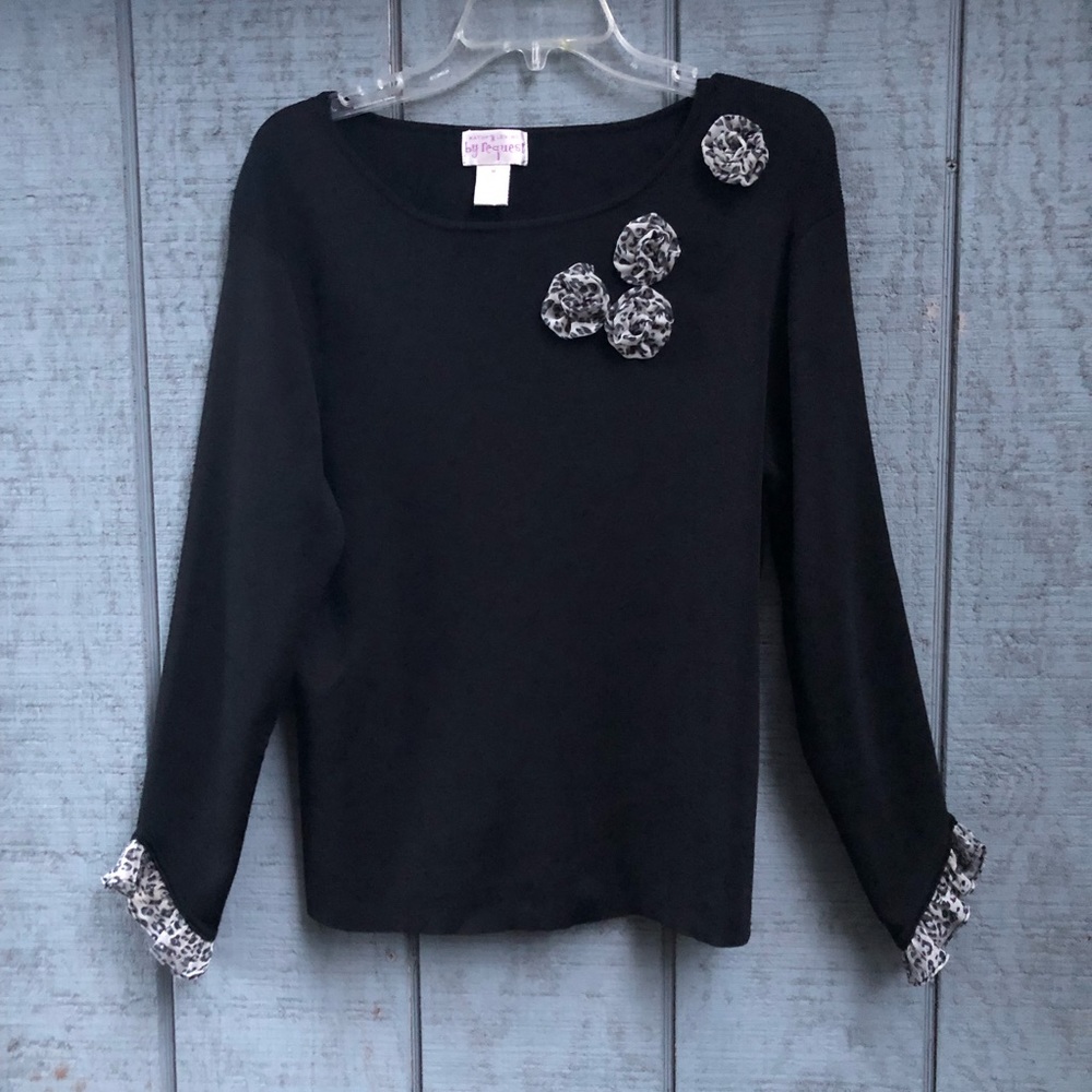 NWOT Black sweater with flower detail and cuffs